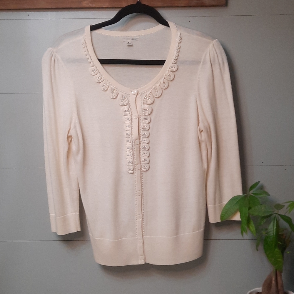 Pearls & Cream Colored Halogen Cardigan Sweater